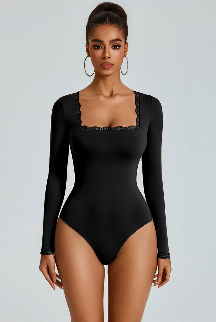 Black long-sleeve square-neck bodysuit with lace-trim neckline, double-lined