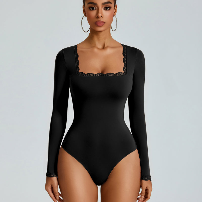 Black long-sleeve square-neck bodysuit with lace-trim neckline, double-lined