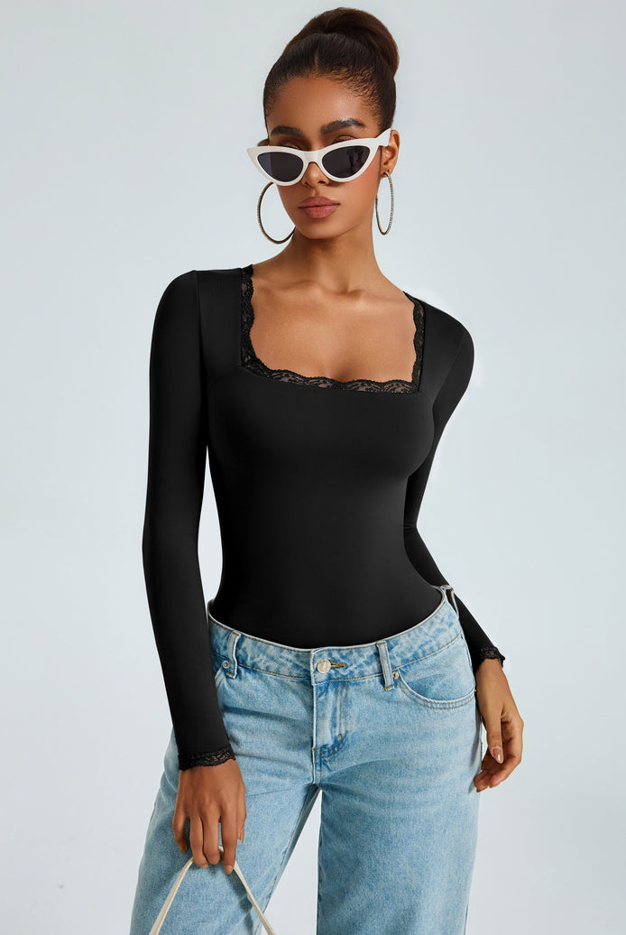 Black long-sleeve square-neck bodysuit with lace-trim neckline, double-lined