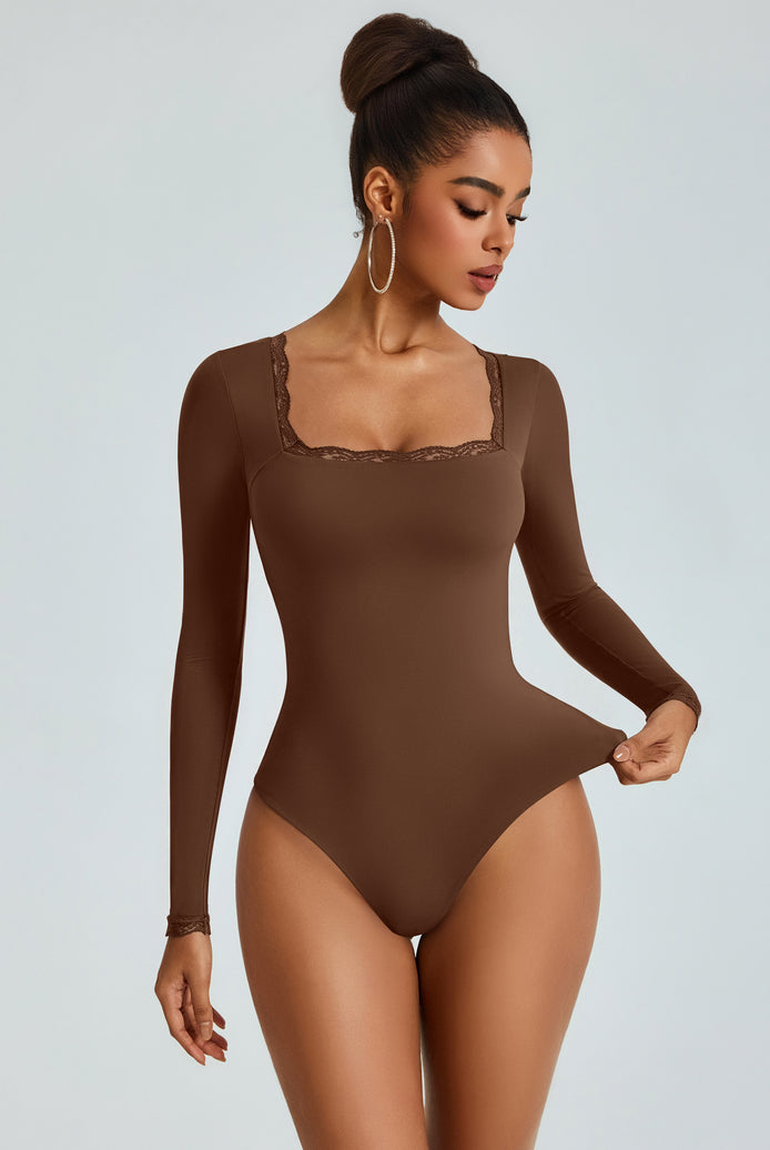 Brown long-sleeve square-neck bodysuit with lace-trim neckline, double-lined