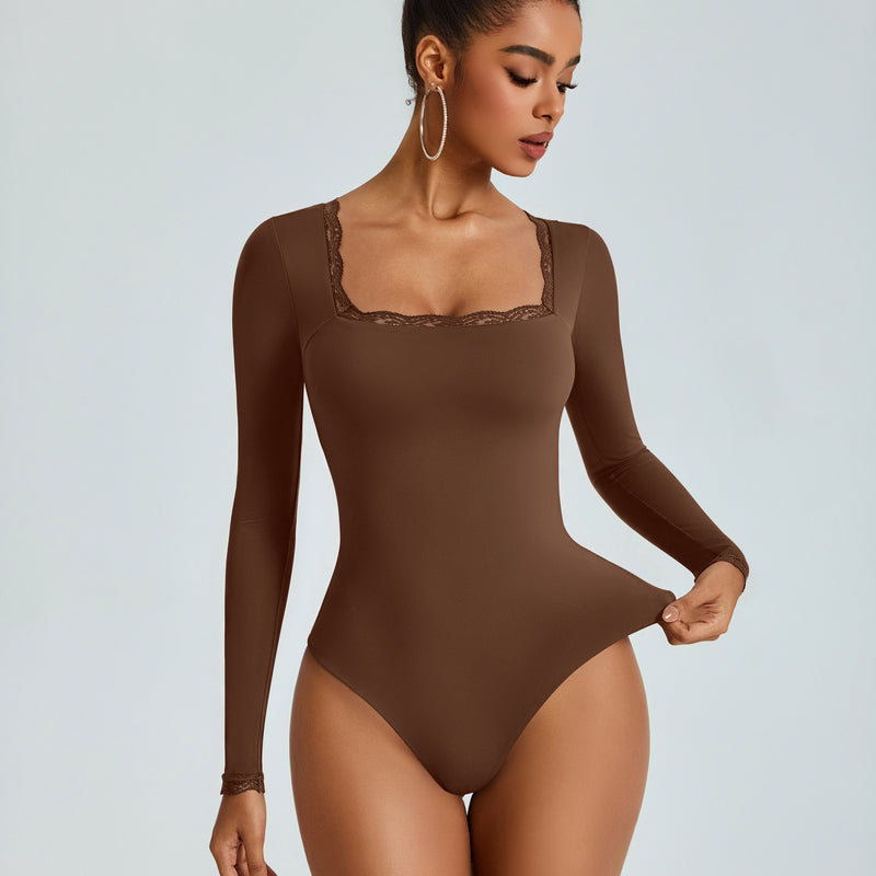 Brown long-sleeve square-neck bodysuit with lace-trim neckline, double-lined