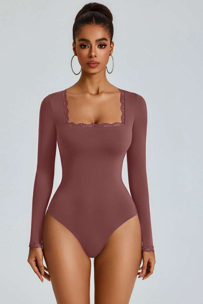 Maroon long-sleeve square-neck bodysuit with lace-trim neckline, double-lined