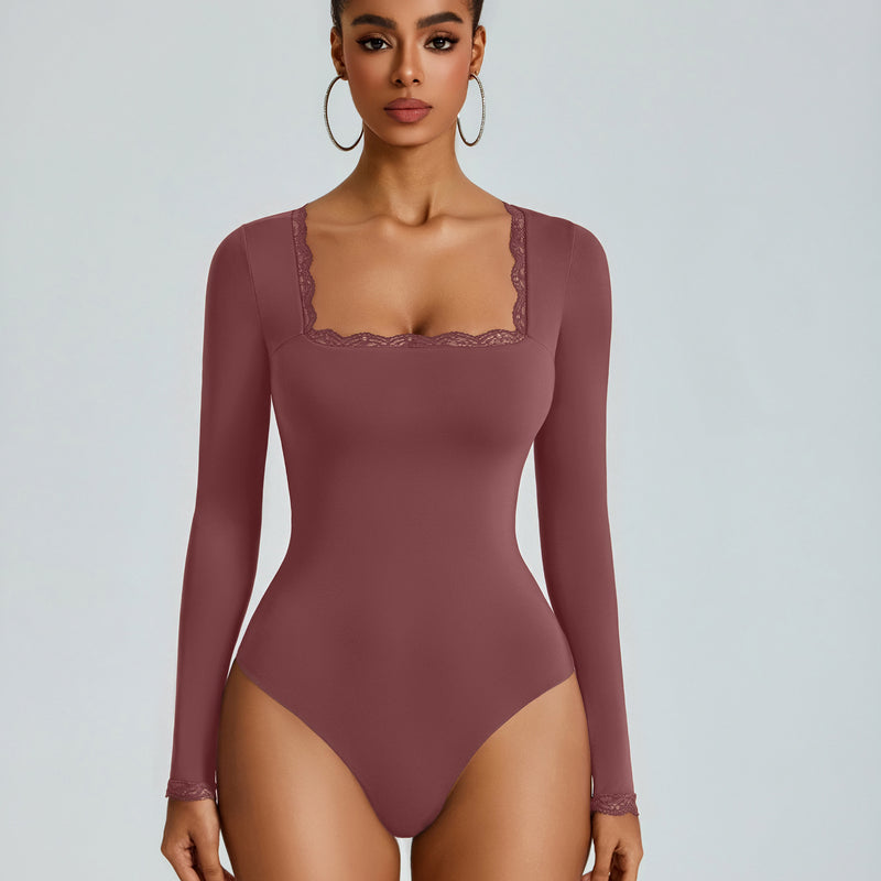 Maroon long-sleeve square-neck bodysuit with lace-trim neckline, double-lined