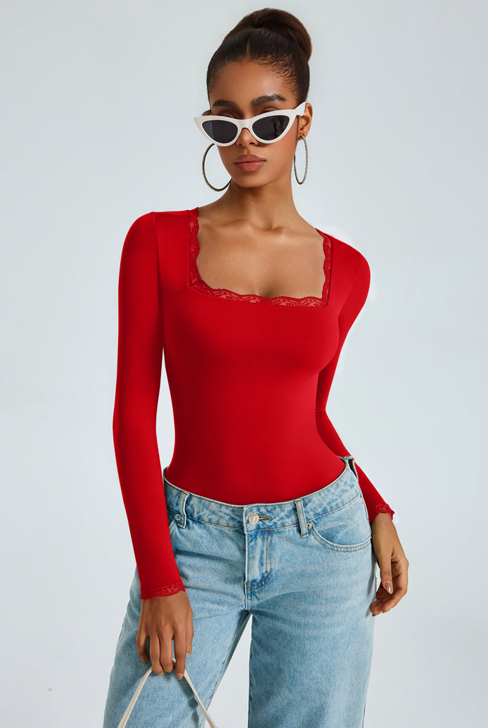 Red long-sleeve square-neck bodysuit with lace-trim neckline, double-lined