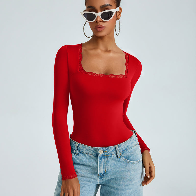 Red long-sleeve square-neck bodysuit with lace-trim neckline, double-lined