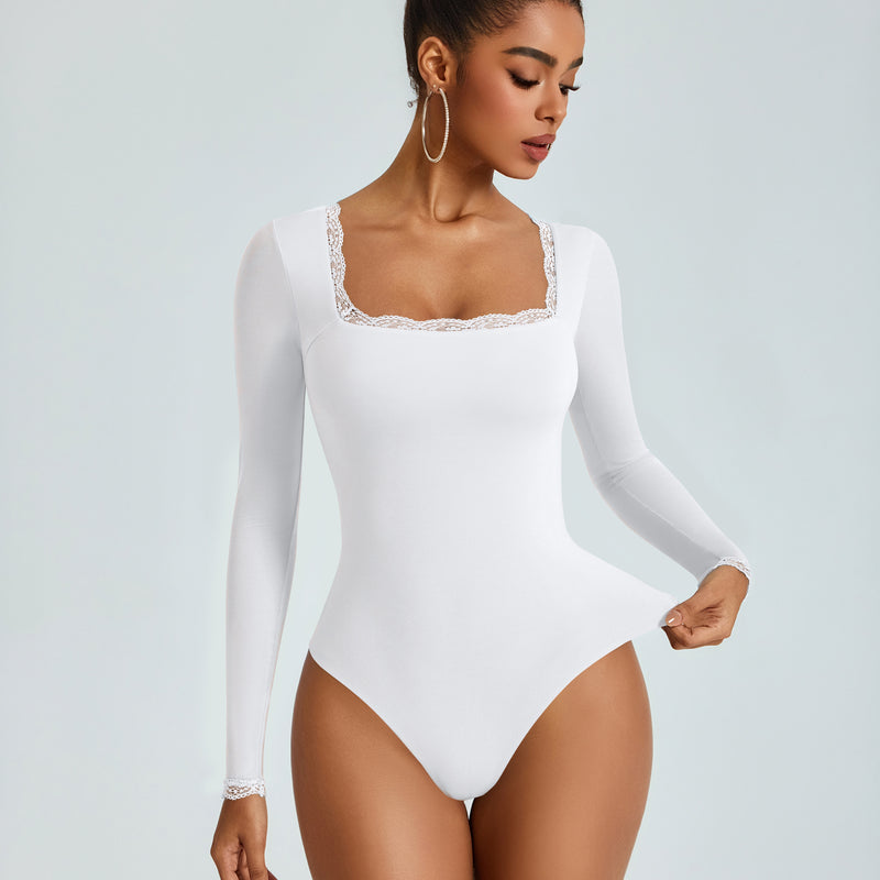 White lace-trim square-neck long-sleeve bodysuit, double-lined fitted stretch knit.