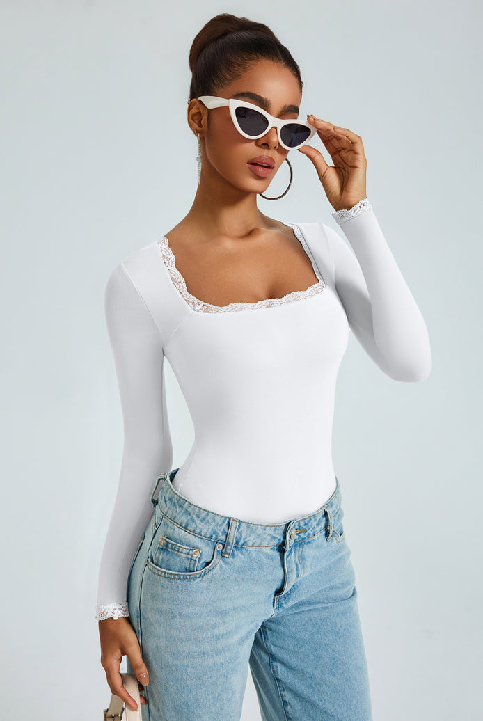 White lace-trim square-neck long-sleeve bodysuit, double-lined, close fit.