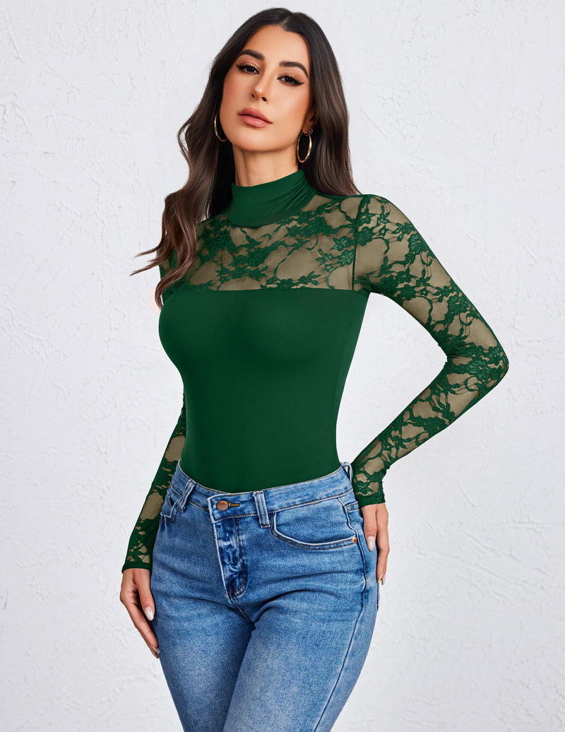 Dark green lace long-sleeve turtle neck bodysuit with thong back