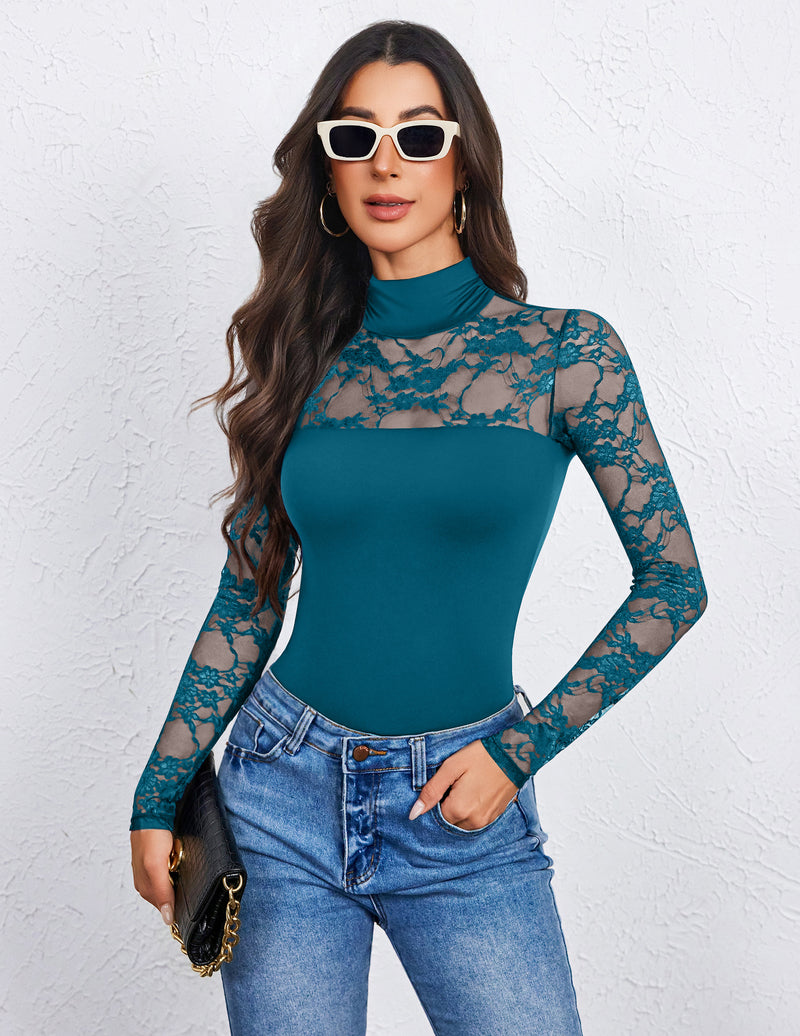 Teal lace long-sleeve turtle neck bodysuit with thong back