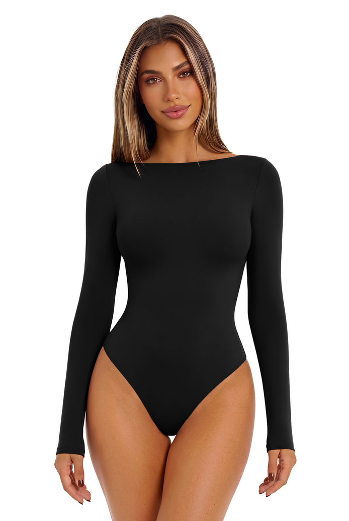 Double-lined boat-neck long-sleeve bodysuit, black, seamless with thong-style bottom.