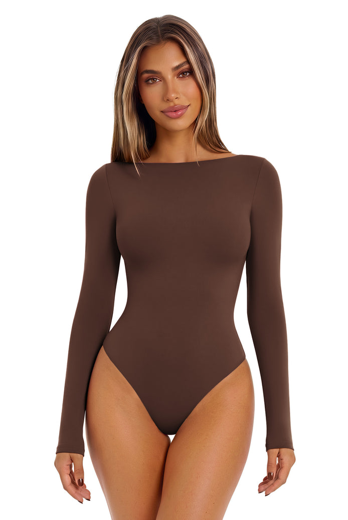 Double-lined boat-neck long-sleeve bodysuit, dark brown, seamless, thong-style bottom.