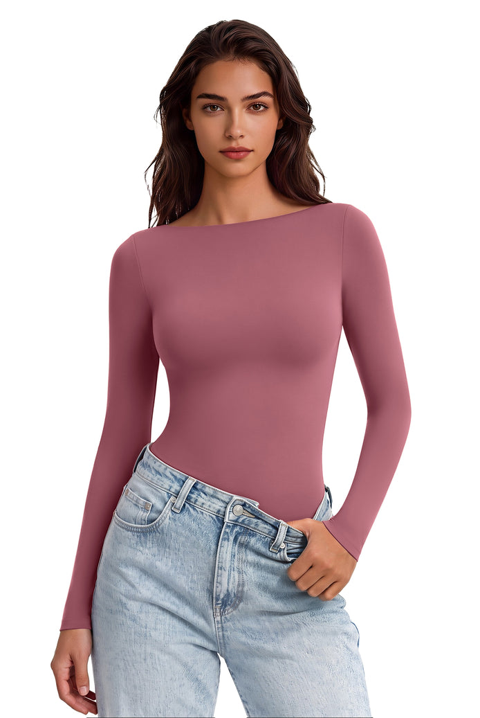 Double-lined boat-neck long-sleeve bodysuit, mauve, seamless, thong-style bottom.
