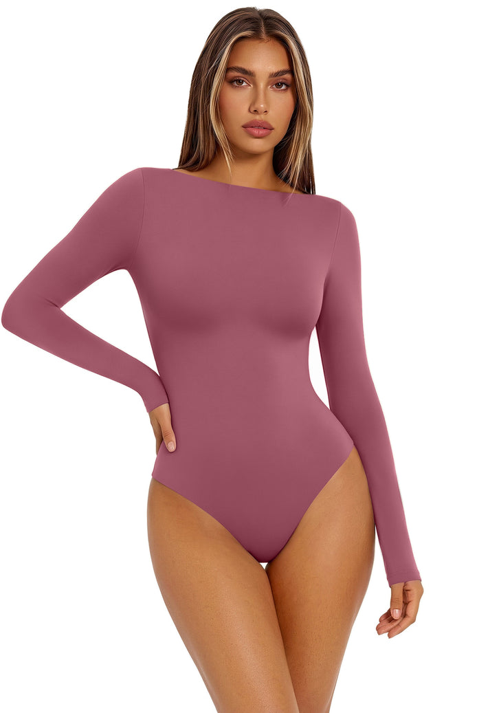 Double-lined boat-neck long-sleeve bodysuit, rose pink, seamless, thong-style bottom.
