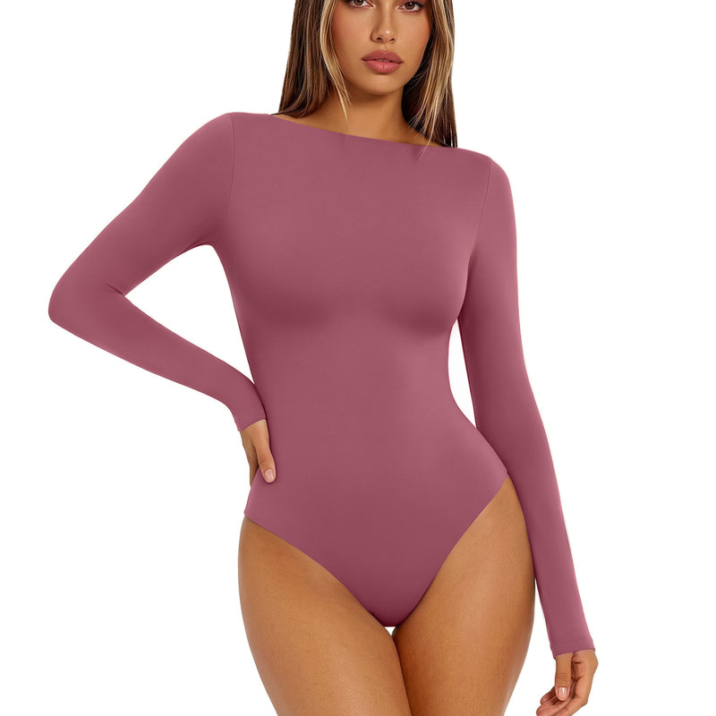 Double-lined boat-neck long-sleeve bodysuit, rose pink, seamless, thong-style bottom.