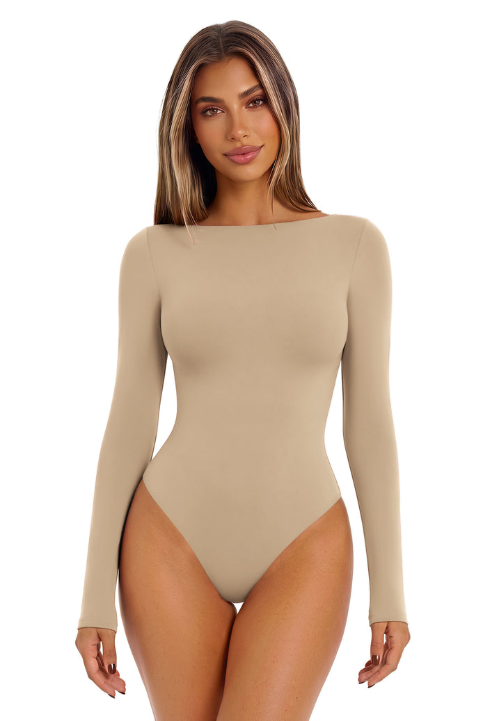 Double-lined boat-neck long-sleeve bodysuit, nude beige, seamless, thong-style bottom.