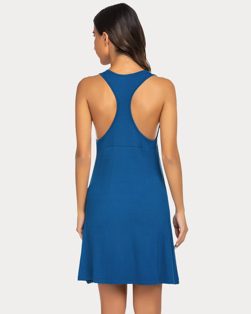 Blue racerback tank nightgown dress back view with open racerback cutout