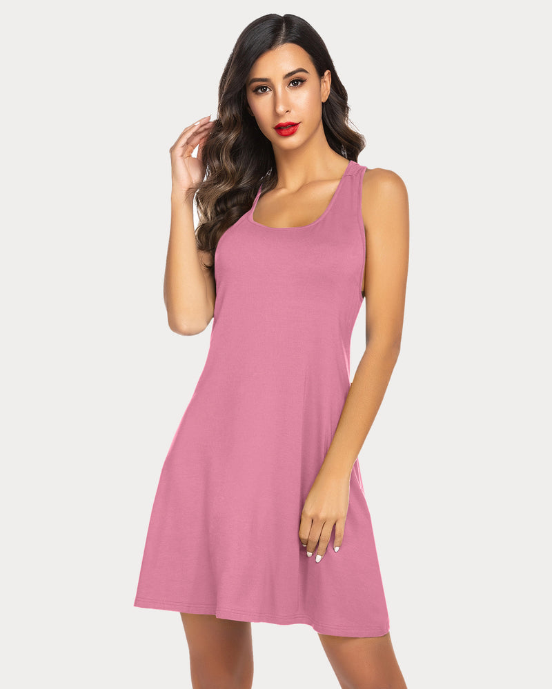 Racerback tank nightgown dress in dusty pink, sleeveless scoop neck, relaxed A-line