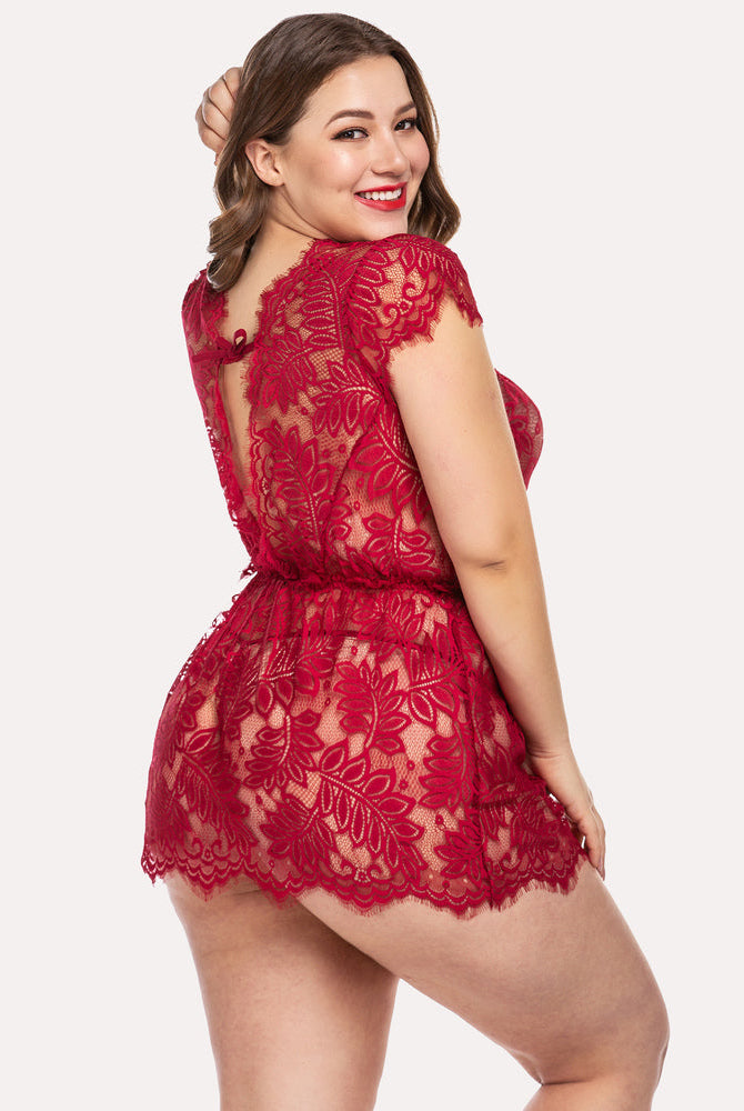 Dark red lace mesh babydoll chemise with eyelash lace trim and back cutout