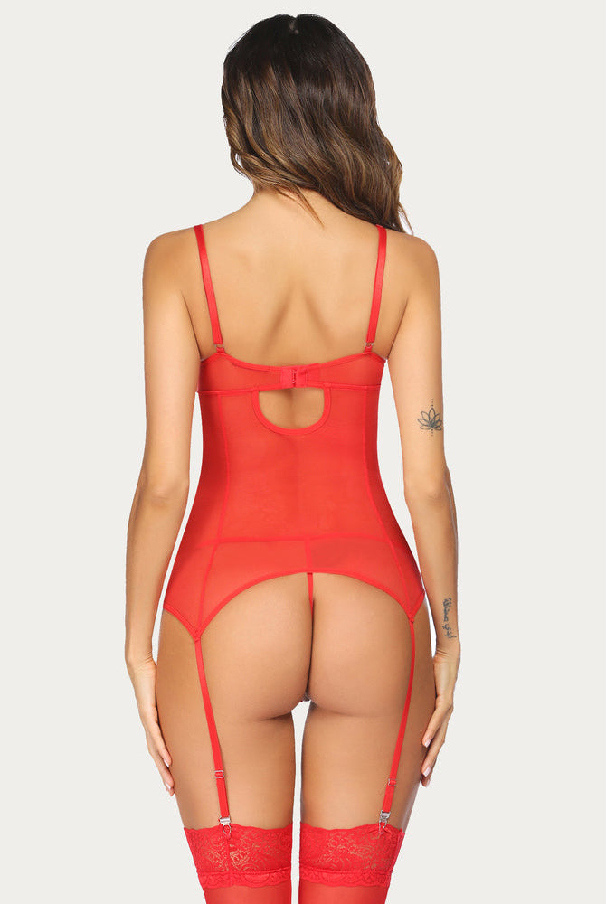 Red lace teddy bodysuit with garter belt and open back cutout with straps