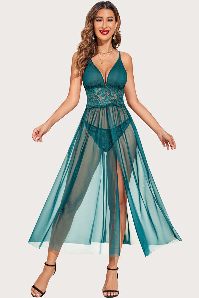 Blue-green lace babydoll nightwear with V-neck halter straps and sheer flared skirt