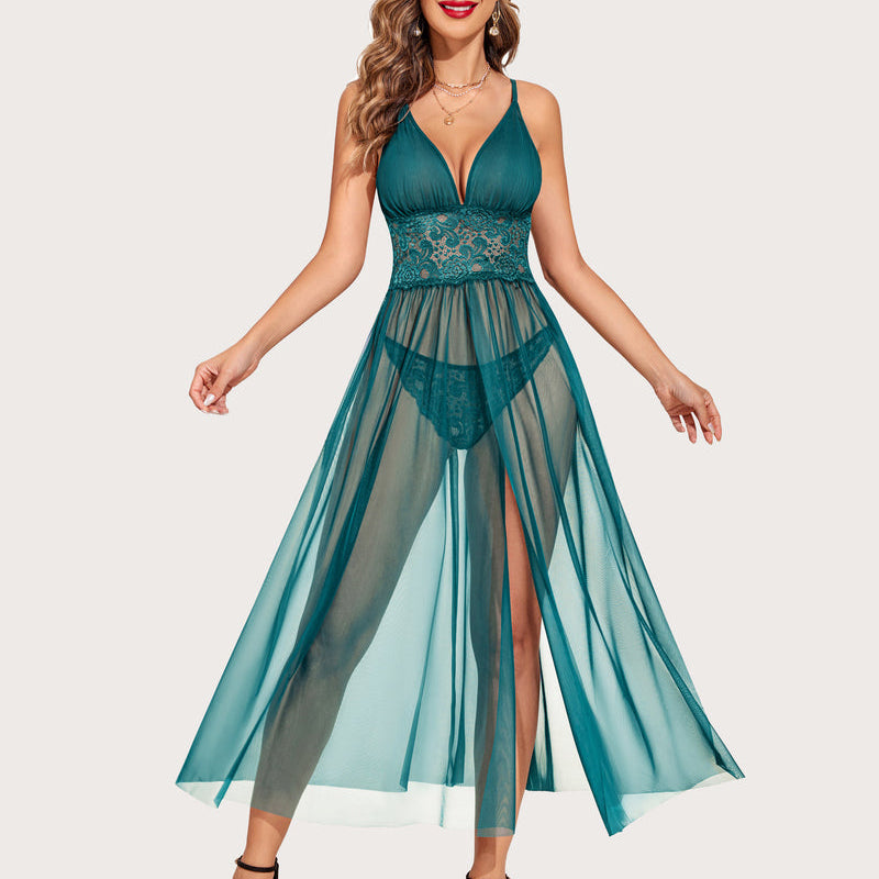 Blue-green lace babydoll nightwear with V-neck halter straps and sheer flared skirt