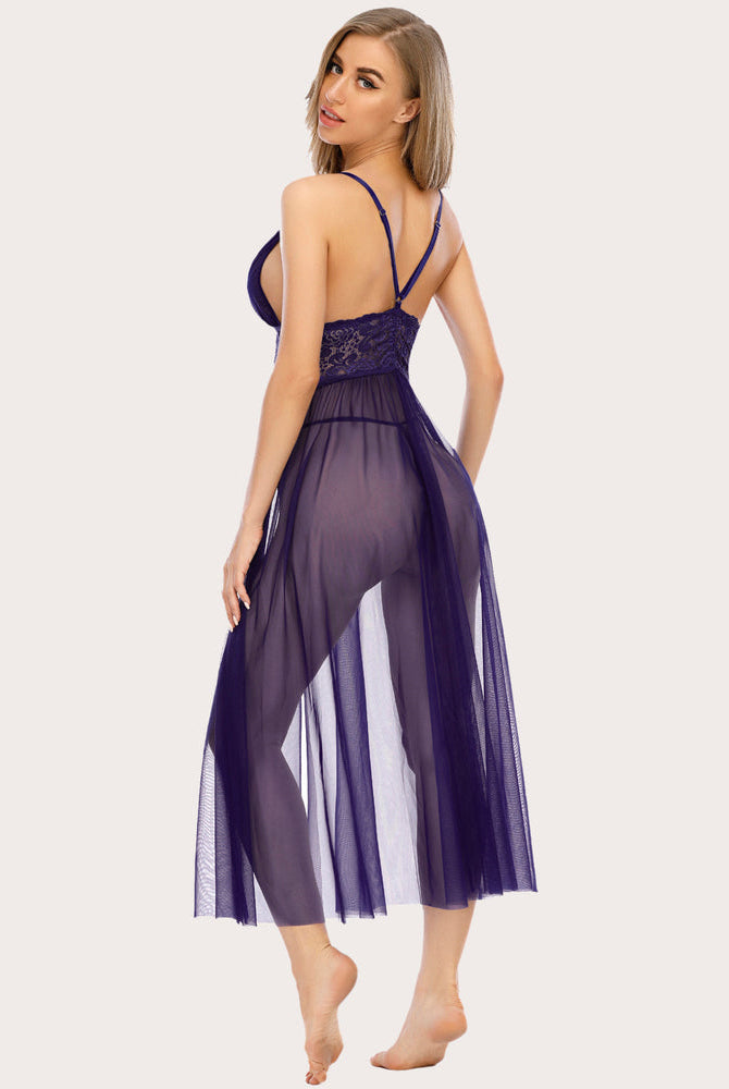 Purple lace babydoll nightwear with halter straps, V-neck, flowing sheer mesh
