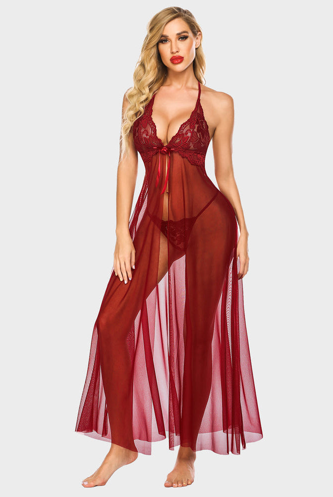 Wine red lace high-split long gown with V-neck and ribbon-tie sheer skirt