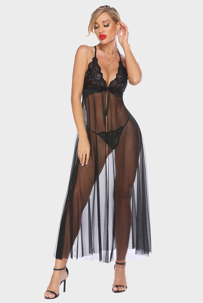 Black lace high-split long gown with sheer mesh skirt and lace cups