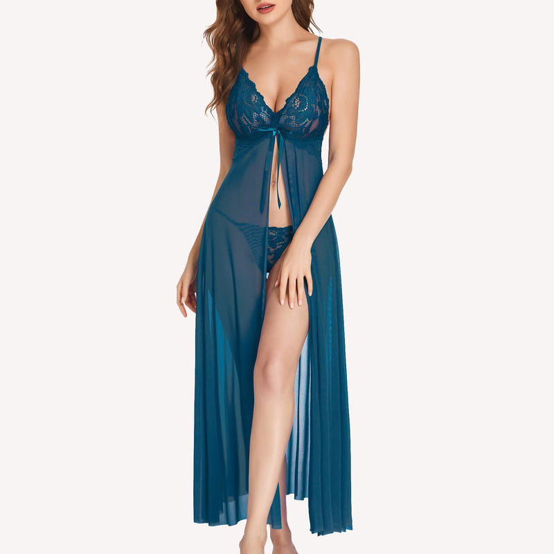 Peacock blue lace high-split long gown with V-neck and sheer mesh panels