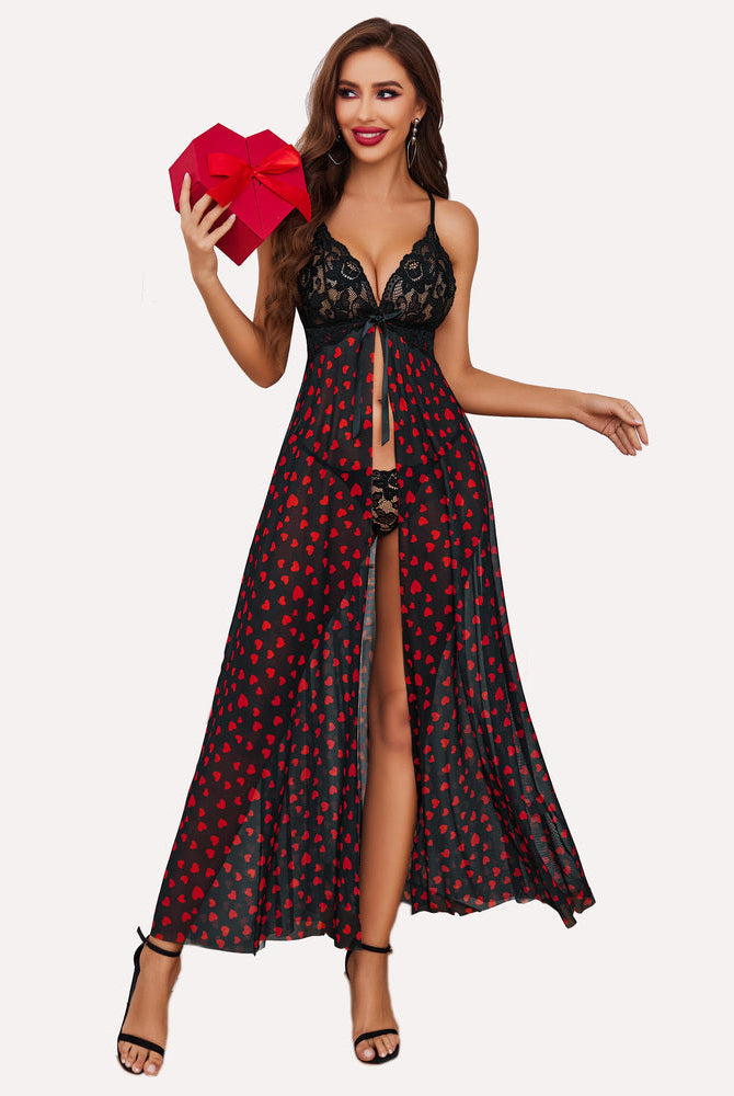 Black lace high-split long gown with red heart print and ribbon tie front