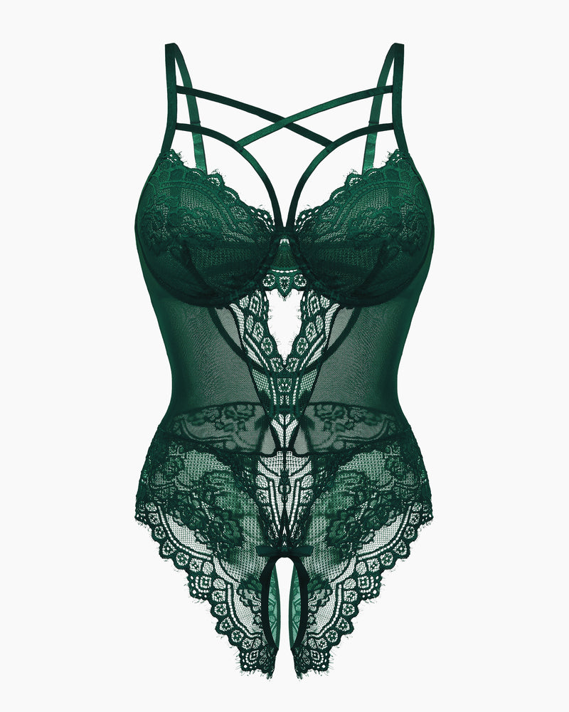 Lace one-piece bodysuit with crisscross straps and underbust cutout, dark green