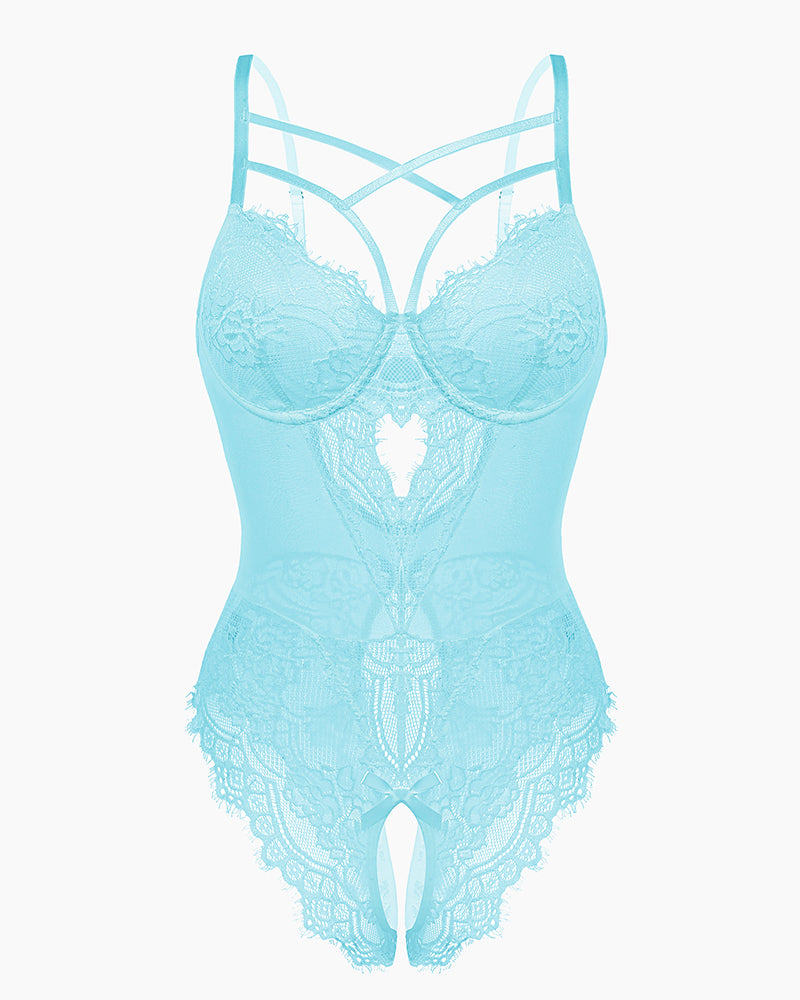 Light blue lace harness bodysuit with underwire cups and crisscross back straps