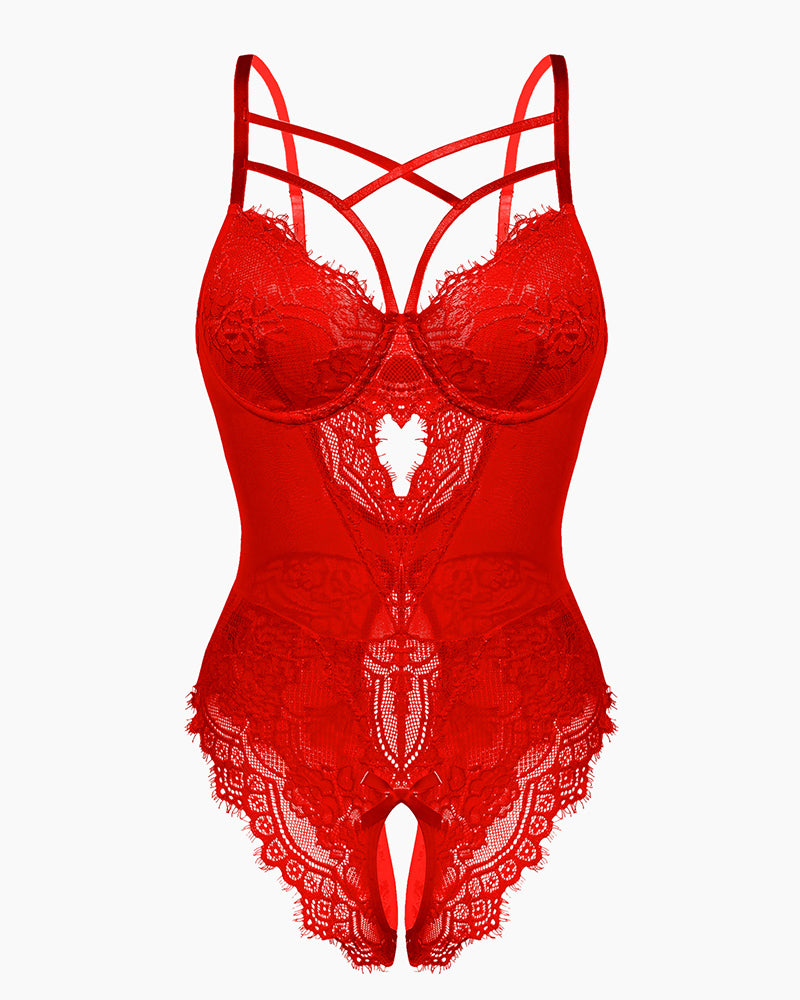 Red lace harness bodysuit with underwire cups and crisscross back straps