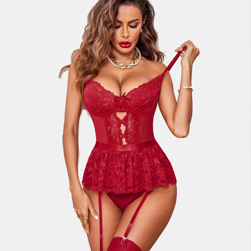 Red lace strappy teddy with garter belt, corset-style bodice, and lace trim skirt