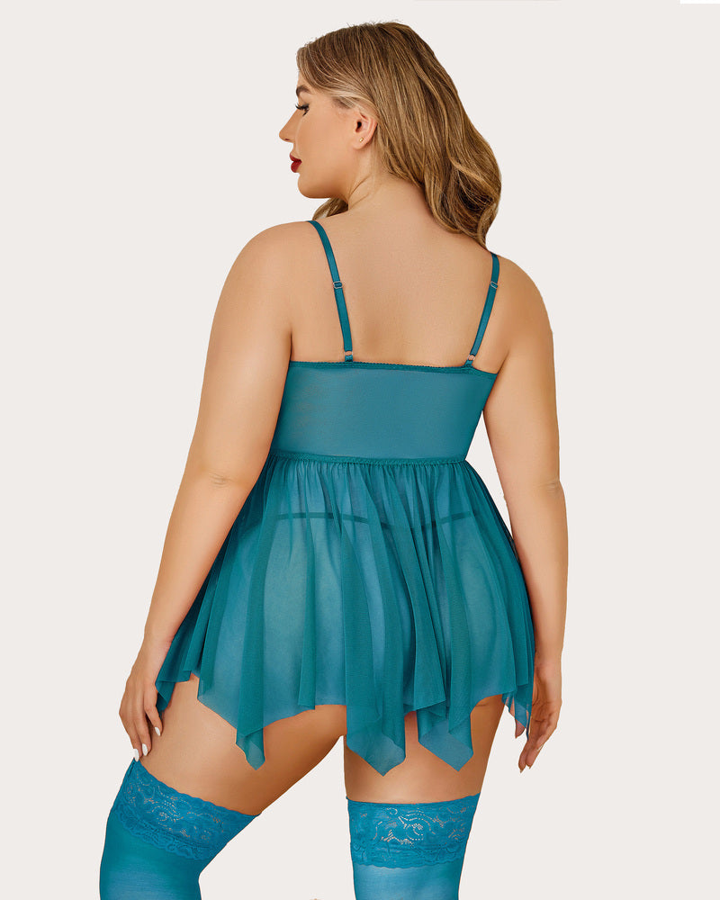 Blue-green mesh lace babydoll back view with thin straps and lace-trim garter shorts