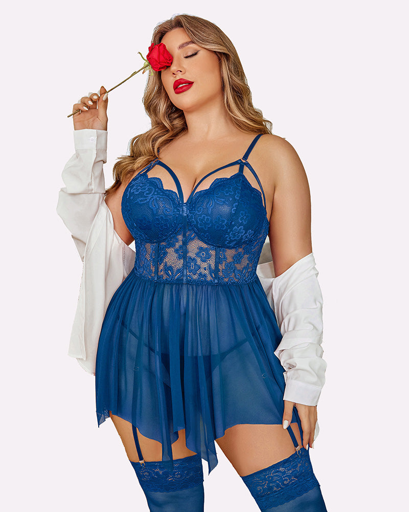 Plus size mesh lace babydoll (dark blue) with lace cups, tulle skirt, thigh garter straps