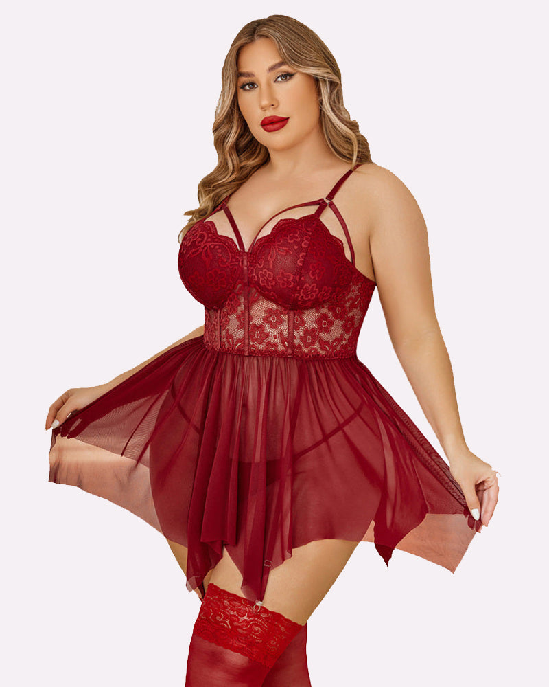 Wine red mesh lace babydoll with underwire cups, spaghetti straps, sheer tulle skirt