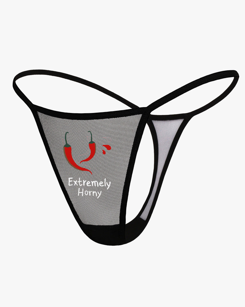 Black sheer mesh t-back thong with triangular front panel and slim leg openings