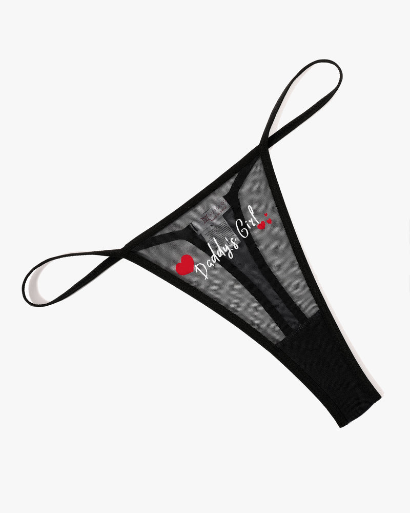 Black low-rise mesh t-back thong with 'Daddy's Girl' print and thin straps