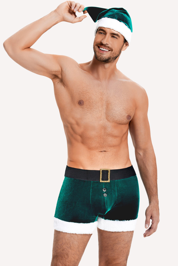 Men's velvet boxer brief set in green with Santa hat, white trim and buckle waistband