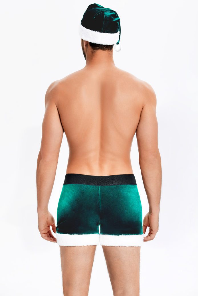 Men's green velvet boxer briefs with Santa hat, back view, white trim and center seam