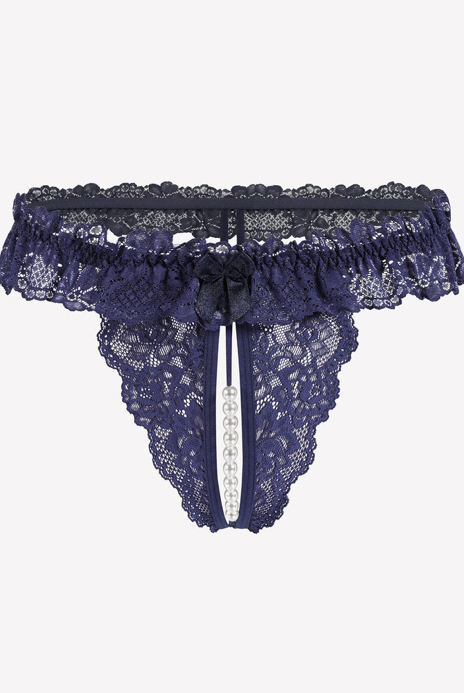 Low waist lace thong in navy with bow trim and pearl bead drop at center.