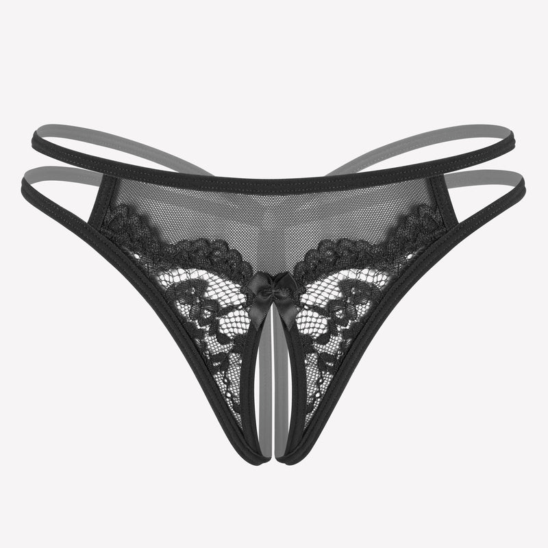 Floral lace thong with black mesh sides and scalloped lace trim at front