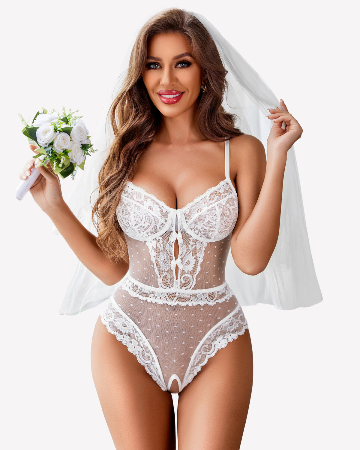 White sheer lace teddy bodysuit, underwire lace cups, V-neck with mesh dotted panels