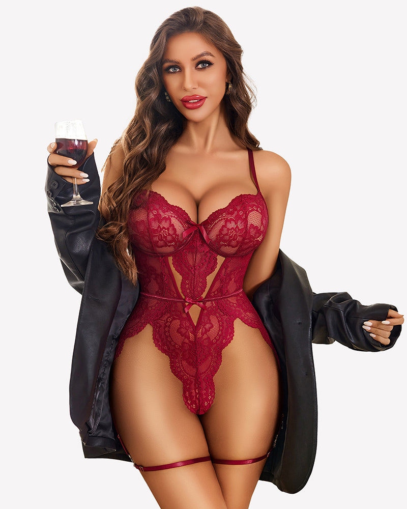 Wine red lace teddy babydoll with cross-back straps and underwire cups