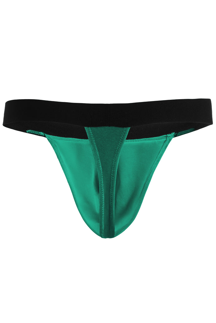 Green g-string thong with black waistband and front panel stitching