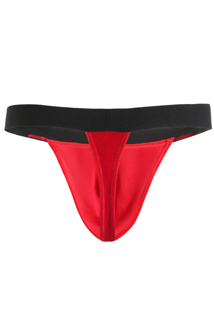 Red g-string thong with black waistband and central seam detail