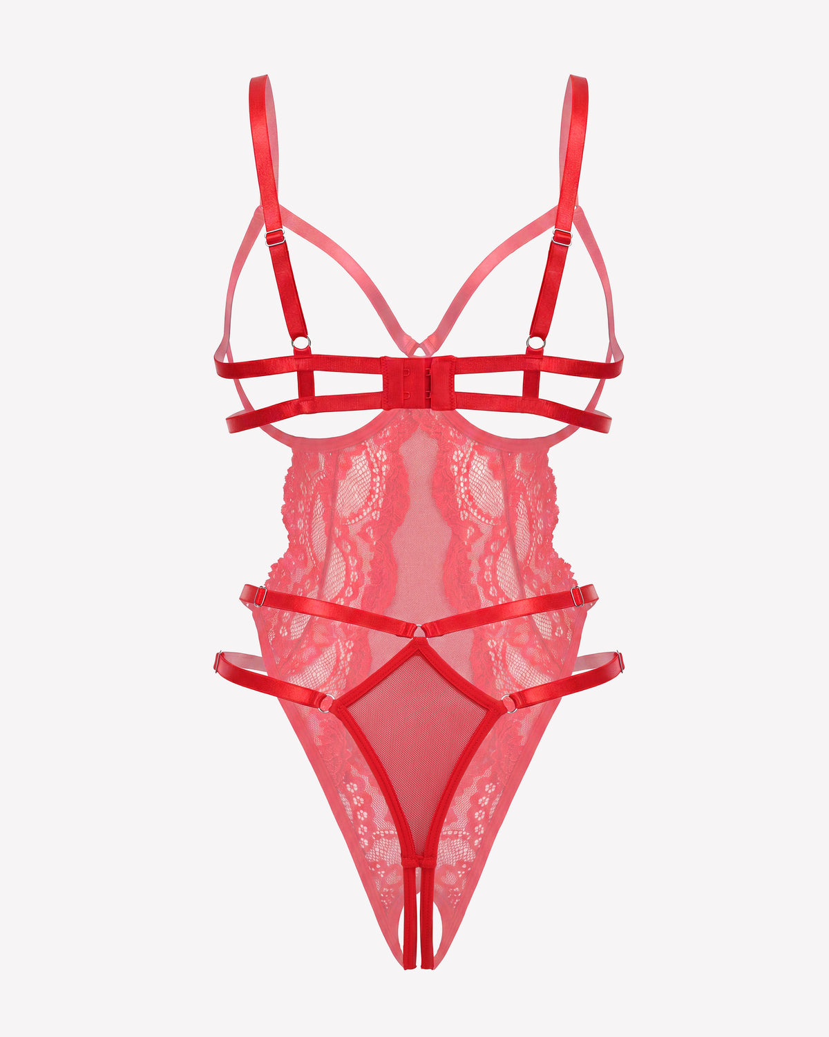 Red lace cut-out teddy bodysuit with layered sheer band at hips