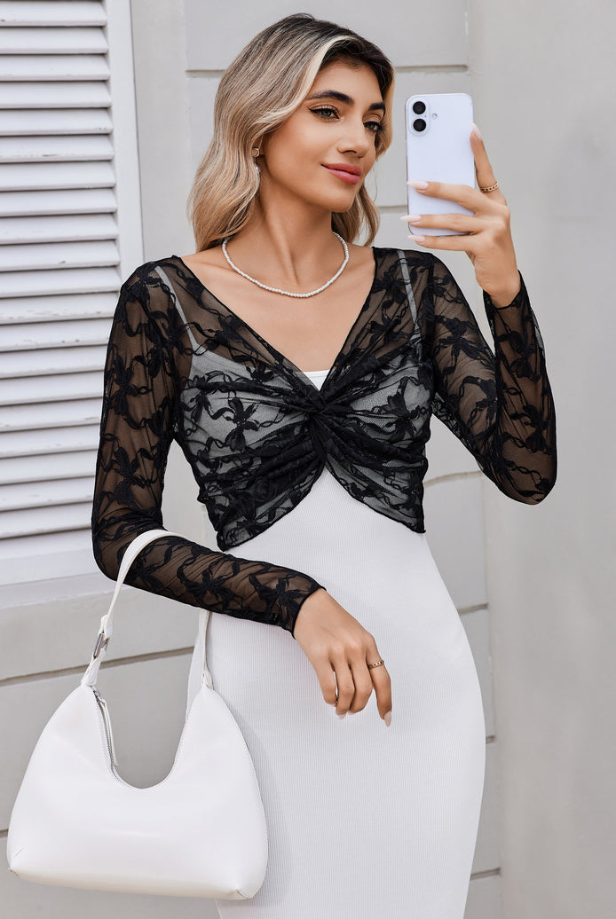 Black floral lace crop cover-up with V-neck front knot and long sleeves