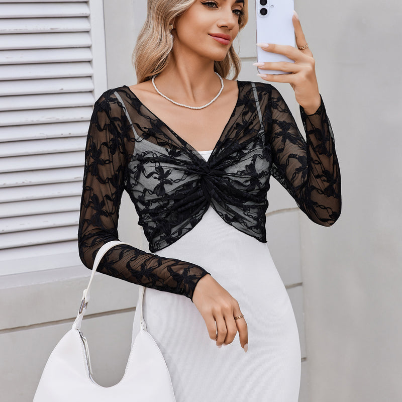 Black floral lace crop cover-up with V-neck front knot and long sleeves